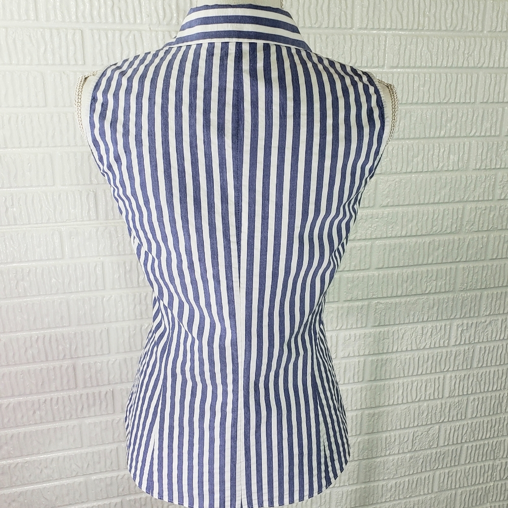 Lafayette 148 New York Blouse  Sleeveless Button Front Blue White Stripe - Picture 8 of 13
